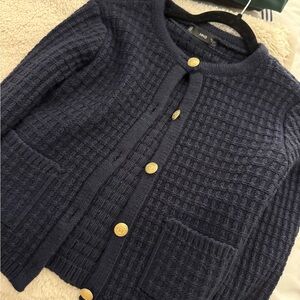 Navy Textured Cardigan with Gold Buttons